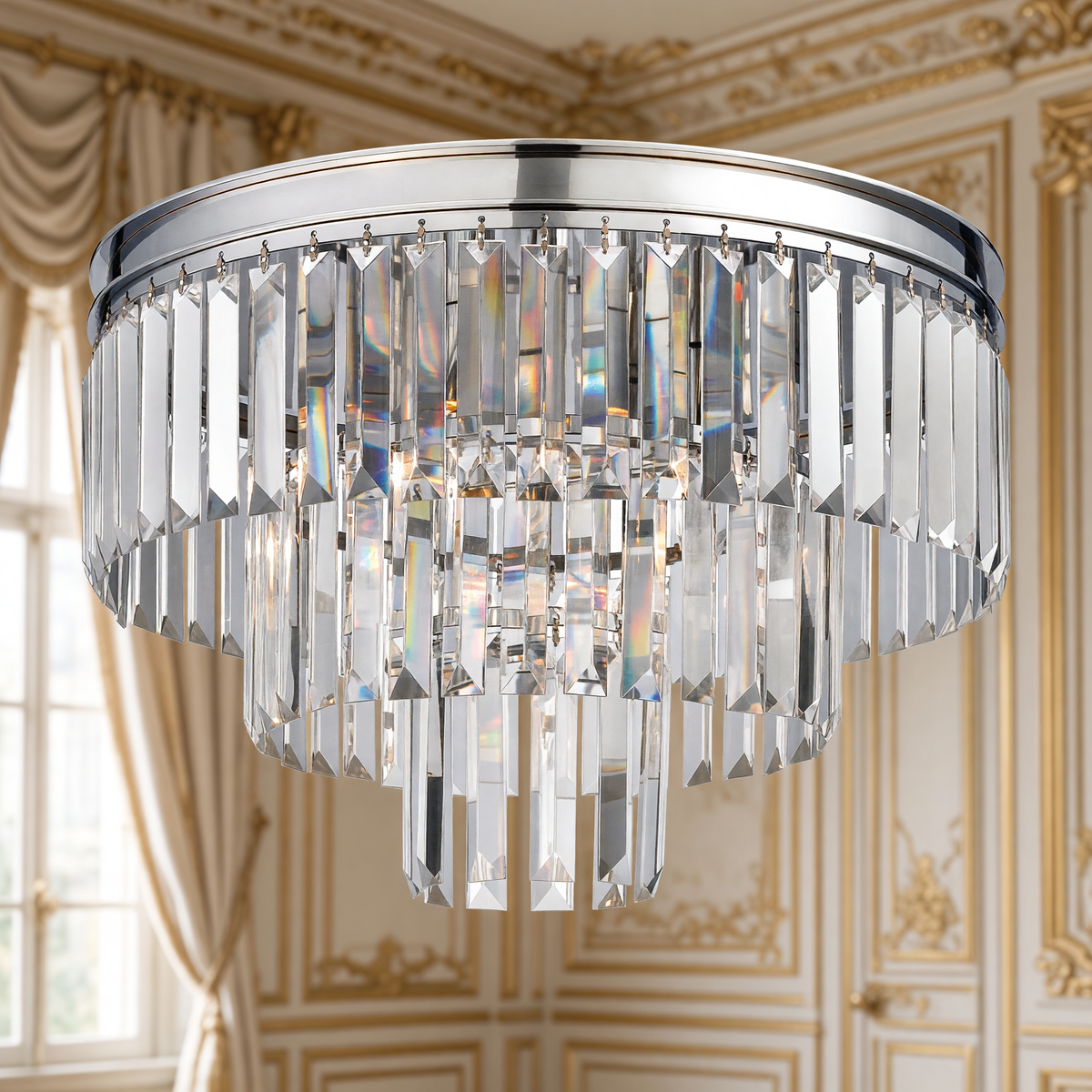 Palacial 19 inch tiered K9 crystal semi-flush mount in polished chrome in an ivory and gold French salon