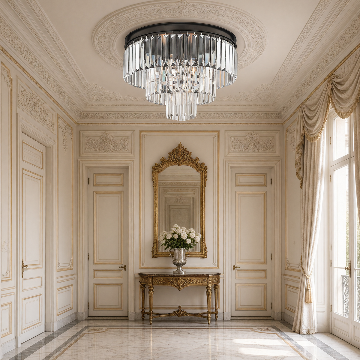 Palacial crystal semi-flush mount on the ceiling of a French entrance hallway