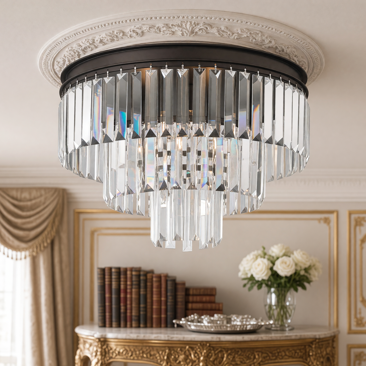 Close view of the Palacial semi-flush mount crystals above a gilded console