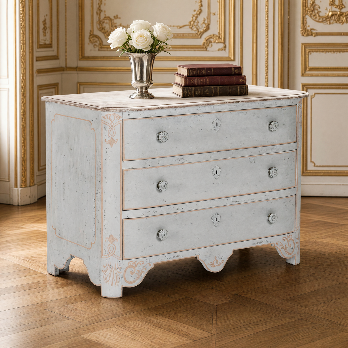 Close view of the stenciled motifs, knobs and escutcheons of the Patric French Painted Elm Chest in Distressed Grey