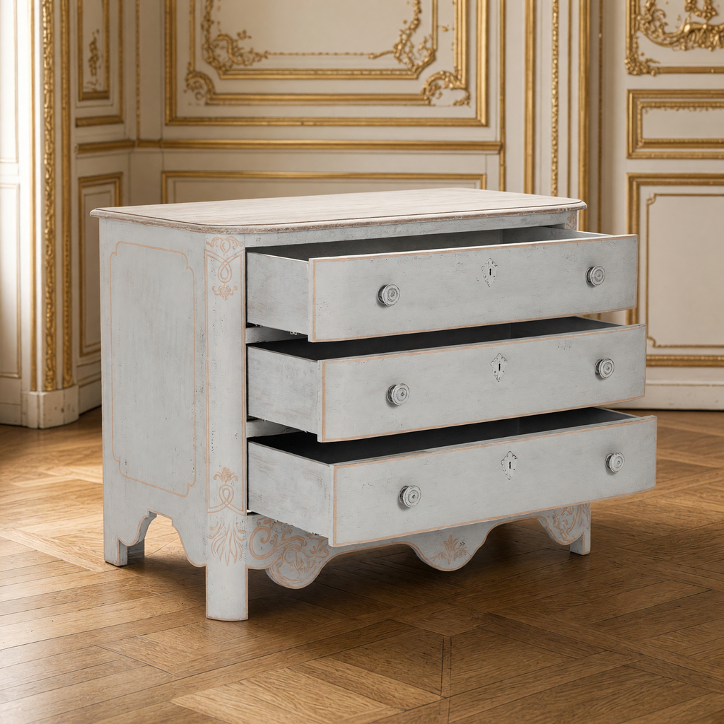 Patric French Painted Elm Chest in Distressed Grey with its three drawers open