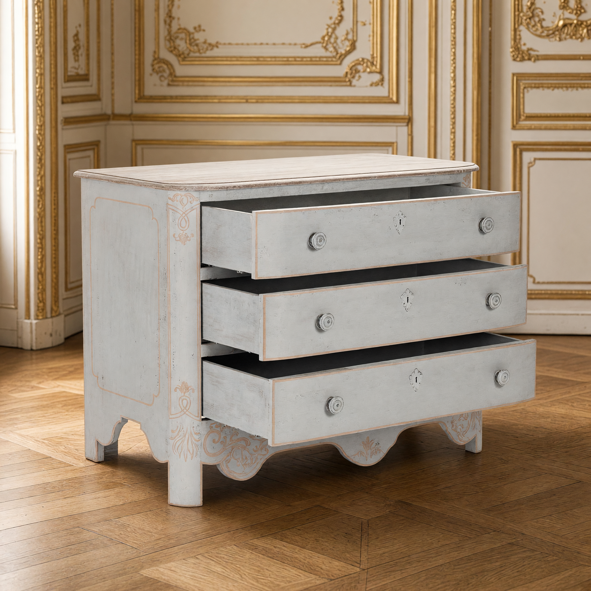 Patric French Painted Elm Chest in Distressed Grey with its three drawers open