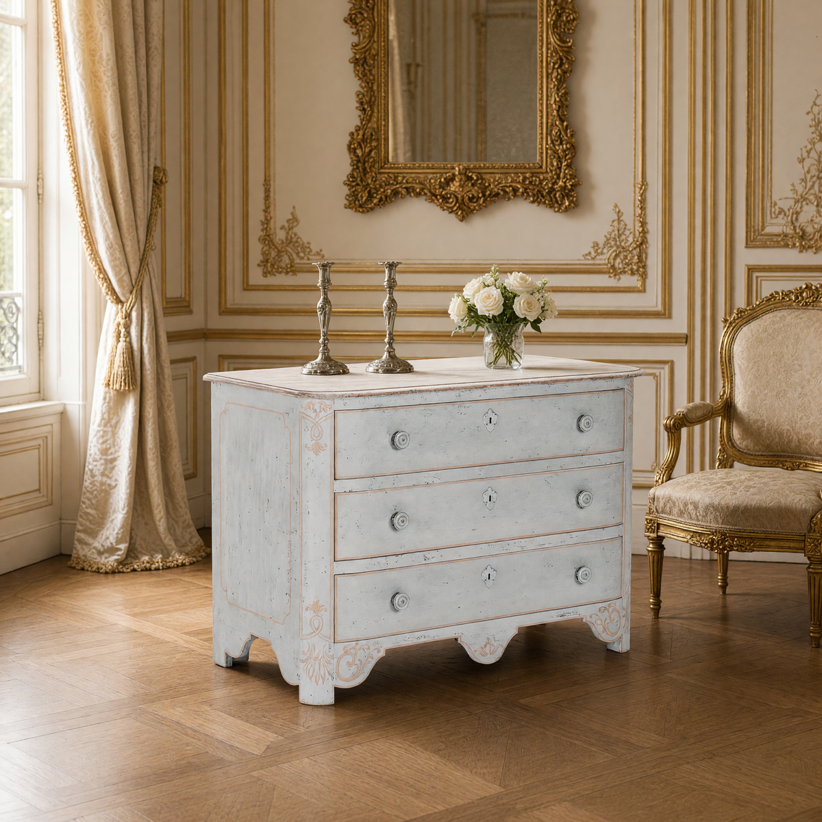 Patric French Painted Elm Chest in Distressed Grey styled beneath a gilded mirror with candlesticks, white roses and a Louis XVI bergere