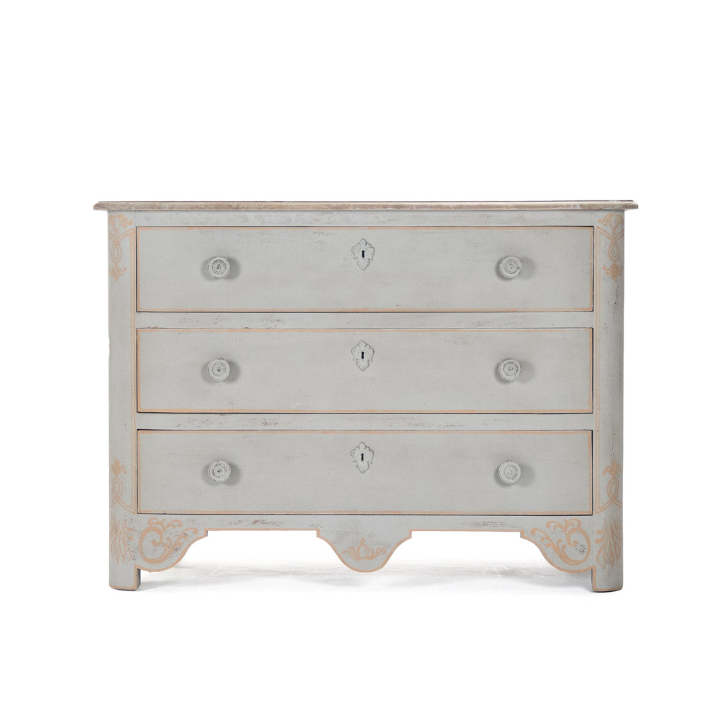 Patric French Painted Elm Chest in Distressed Grey, studio photo 2 of 3 on a white background