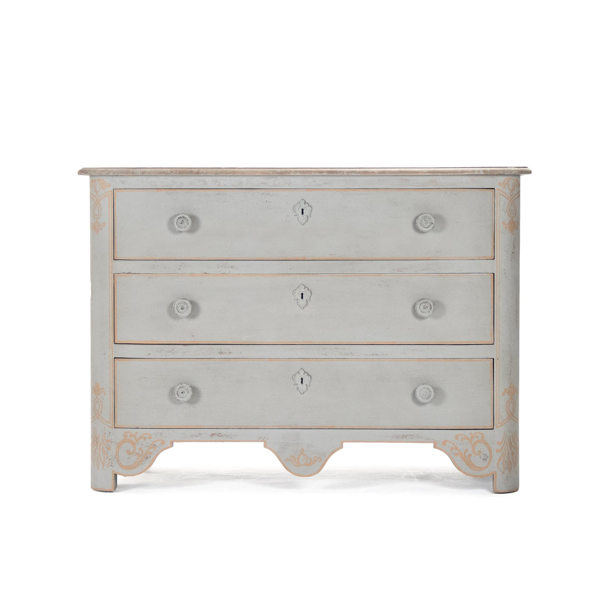 Patric French Painted Elm Chest in Distressed Grey, studio photo 2 of 3 on a white background