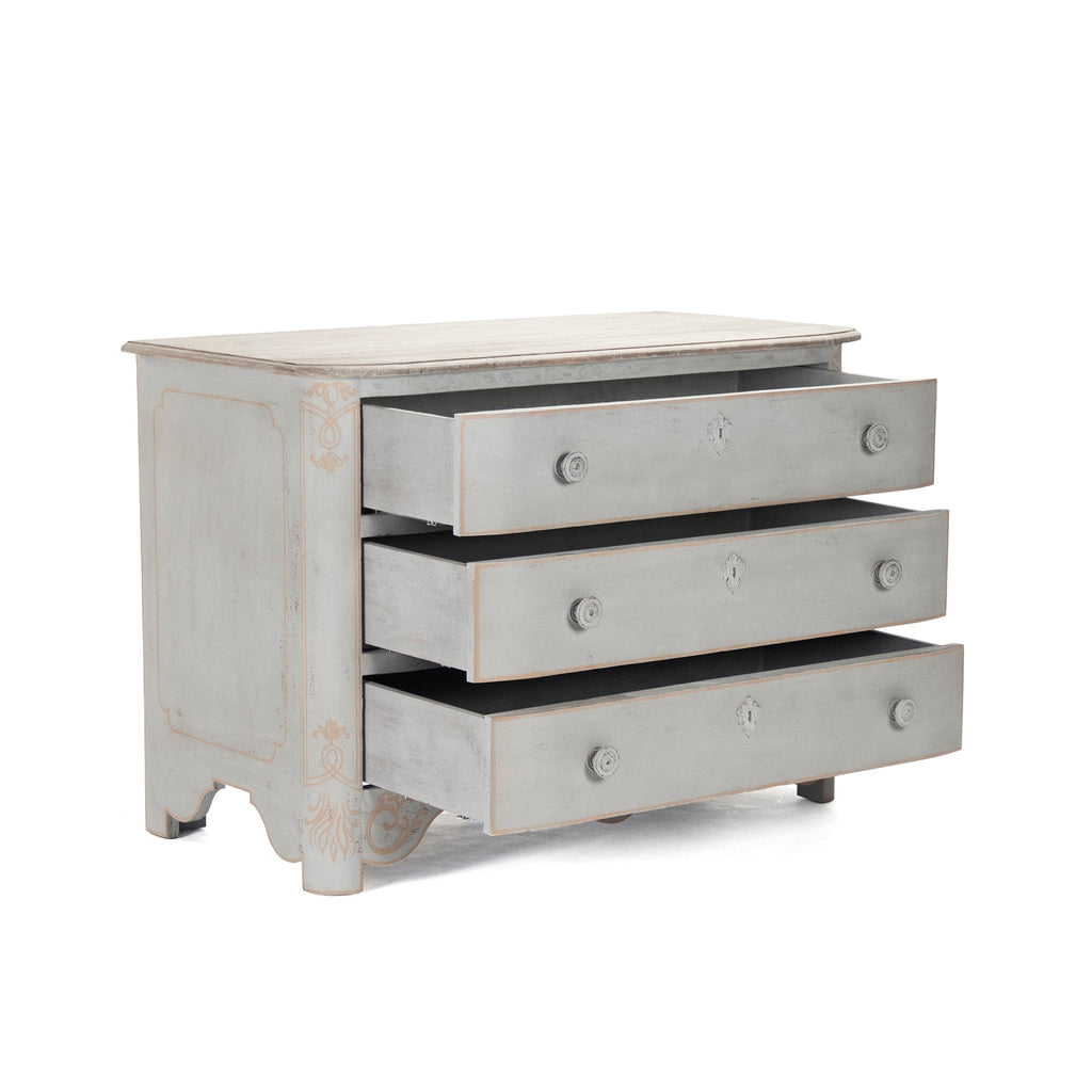 Patric French Painted Elm Chest in Distressed Grey, studio photo 3 of 3 on a white background