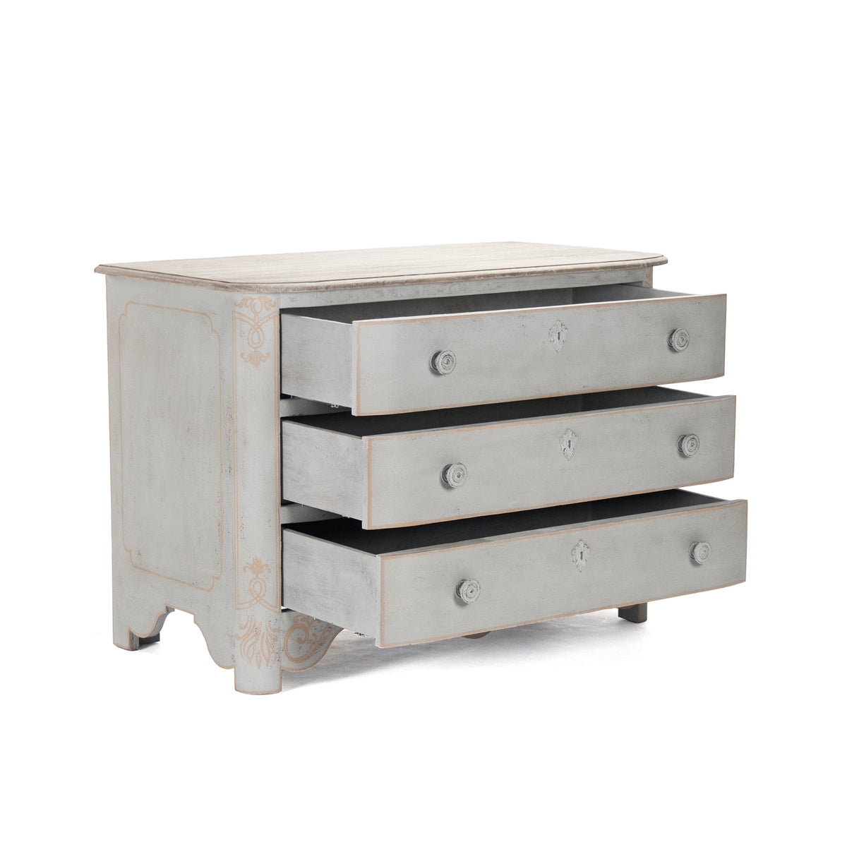 Patric French Painted Elm Chest in Distressed Grey, studio photo 3 of 3 on a white background