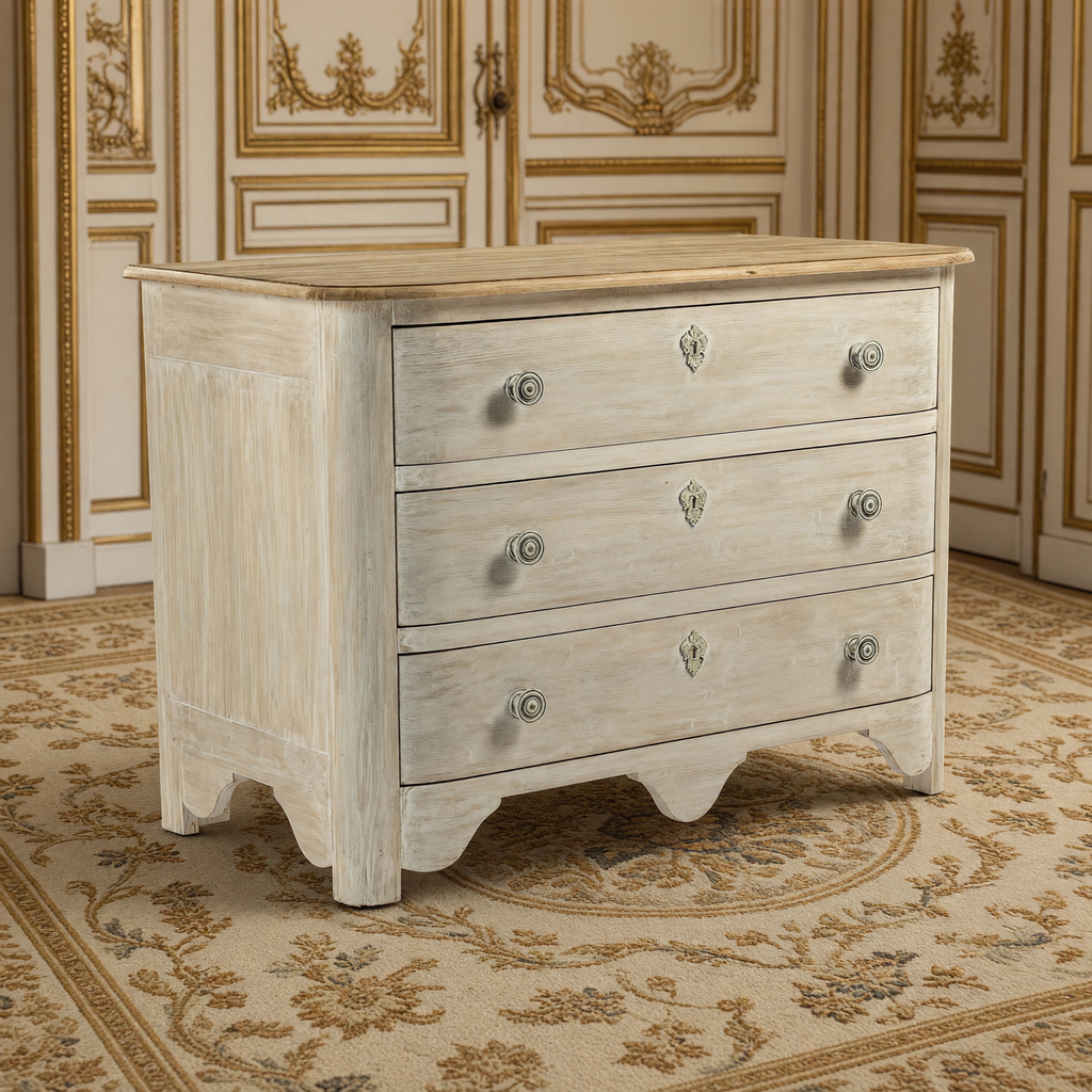 Patric French Painted Elm Chest in Whitewash with Natural Top on an antique Aubusson carpet in an ivory and gold French boiserie salon