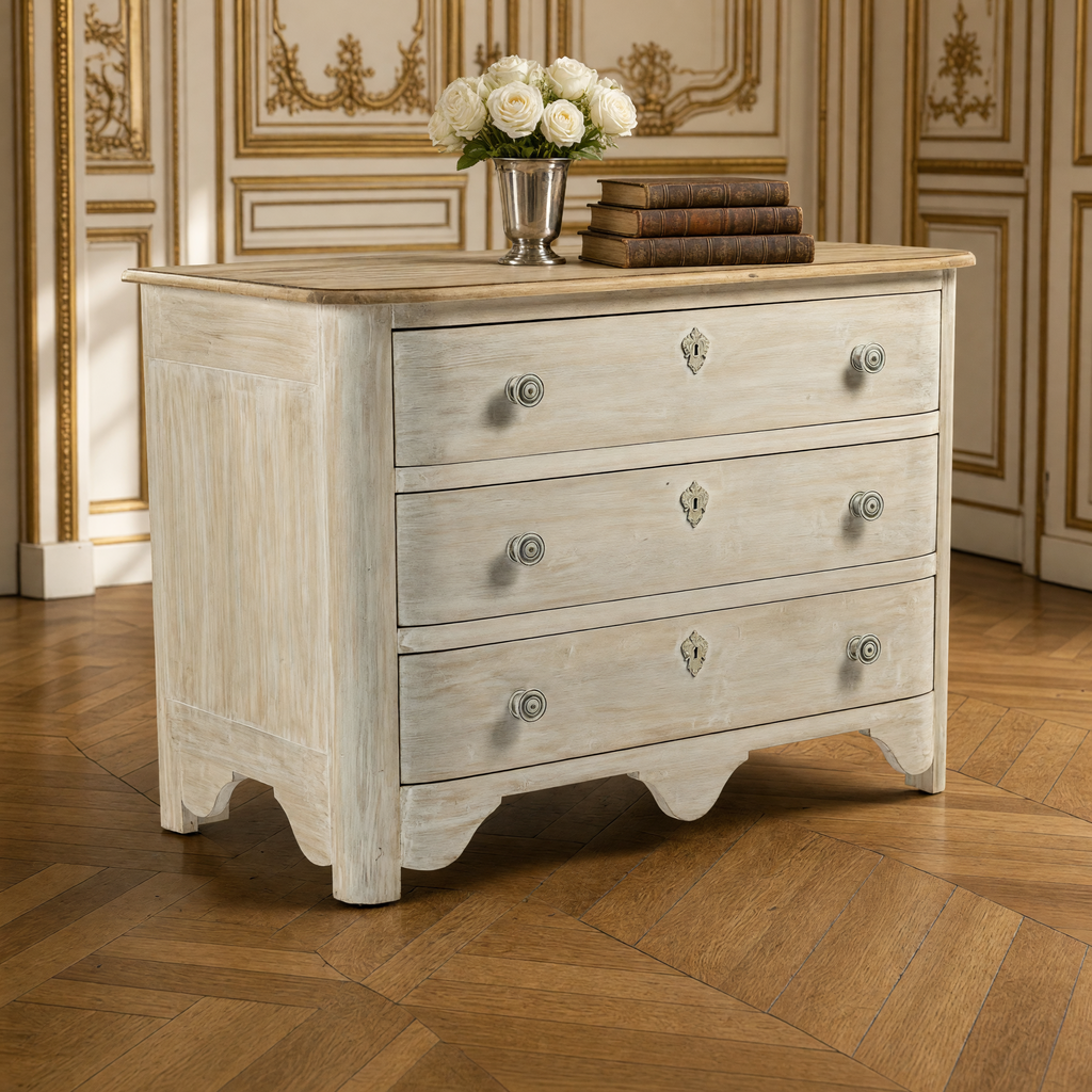 Close view of the limed finish, natural wood top and knobs of the Patric French Painted Elm Chest in Whitewash with Natural Top