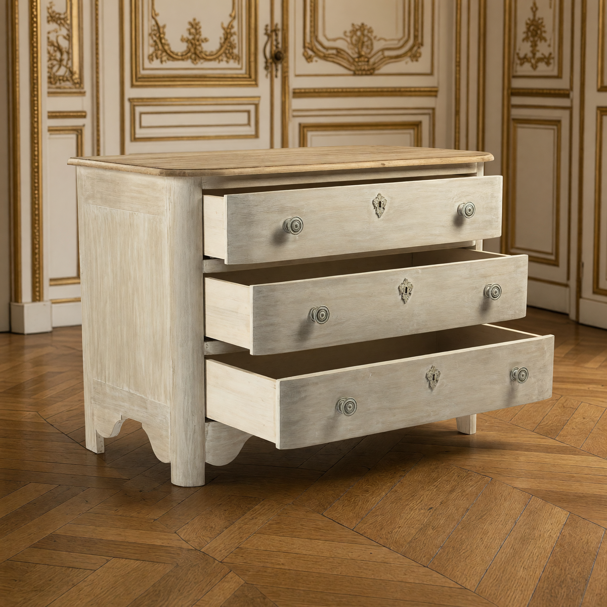 Patric French Painted Elm Chest in Whitewash with Natural Top with its three drawers open