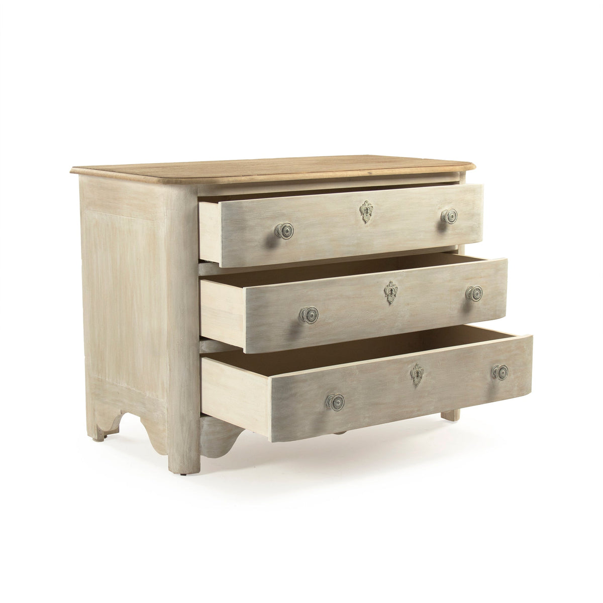 Patric French Painted Elm Chest in Whitewash with Natural Top, studio photo 3 of 4 on a white background