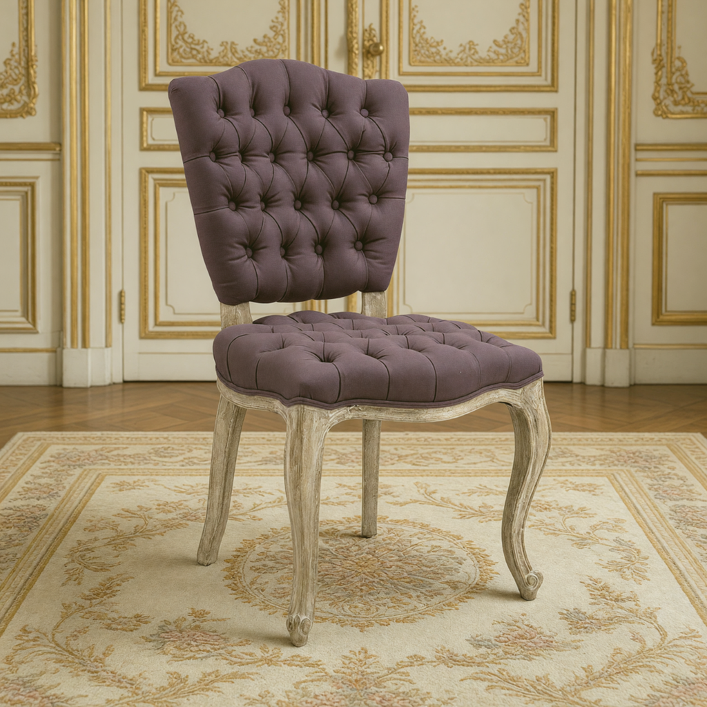 Piaf French tufted oak side chair in Aubergine Linen with limed grey oak cabriole legs, in a gilded Louis XVI salon on an antique Aubusson carpet