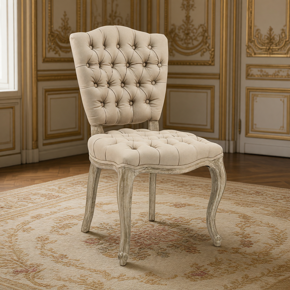 Piaf French tufted oak side chair in Hemp with limed grey oak cabriole legs, in a gilded Louis XVI salon on an antique Aubusson carpet
