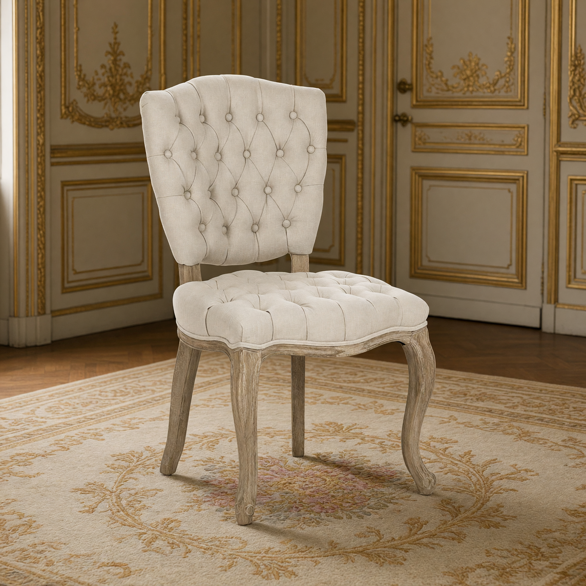 Piaf French tufted oak side chair in Natural Linen with limed grey oak cabriole legs, in a gilded Louis XVI salon on an antique Aubusson carpet