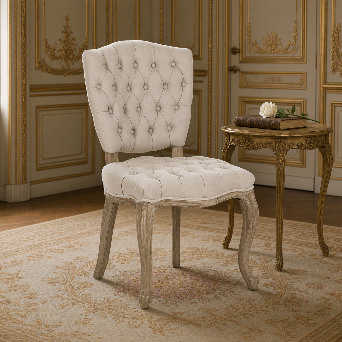 Close view of the Piaf French tufted oak side chair in Natural Linen beside a gilded side table