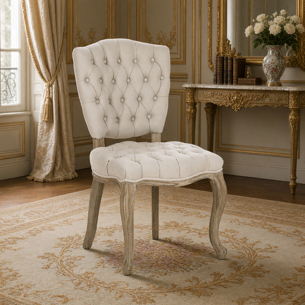 Piaf French tufted oak side chair in Natural Linen styled in a French salon with gilded mirror and marble console