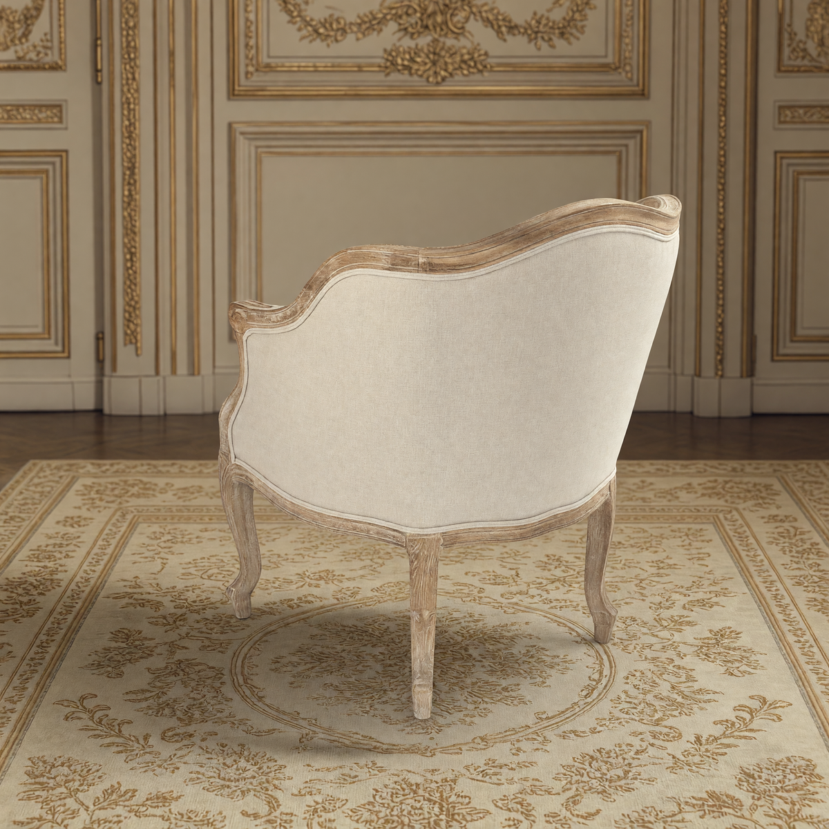 Pierre French Carved Oak Linen Bergère Chair in Natural Linen, Limed Grey Oak, back view showing the curved bergère back
