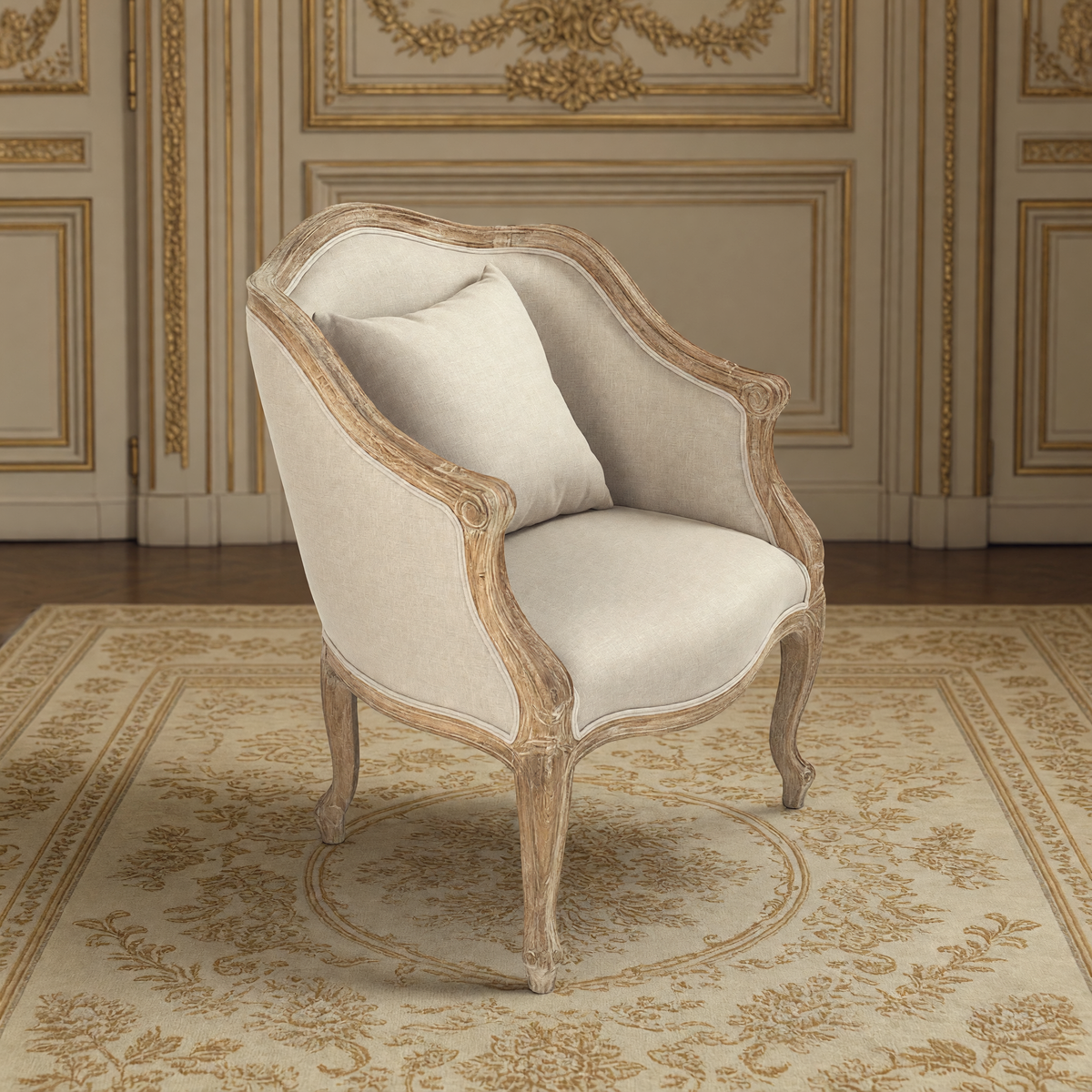 Pierre French Carved Oak Linen Bergère Chair in Natural Linen, Limed Grey Oak, in a French salon on an Aubusson carpet