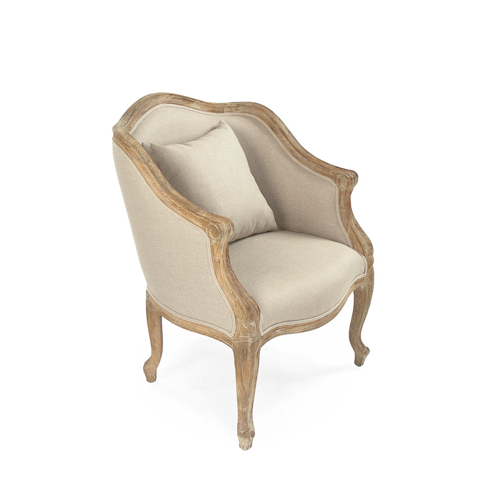 Pierre French Carved Oak Linen Bergère Chair in Natural Linen, Limed Grey Oak, studio photo 1 of 2 on a white background