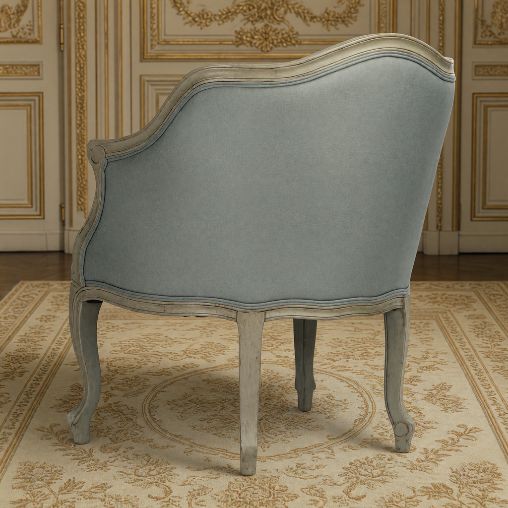 Pierre French Carved Oak Linen Bergère Chair in Sage Mixed Linen & Cotton, back view showing the curved bergère back