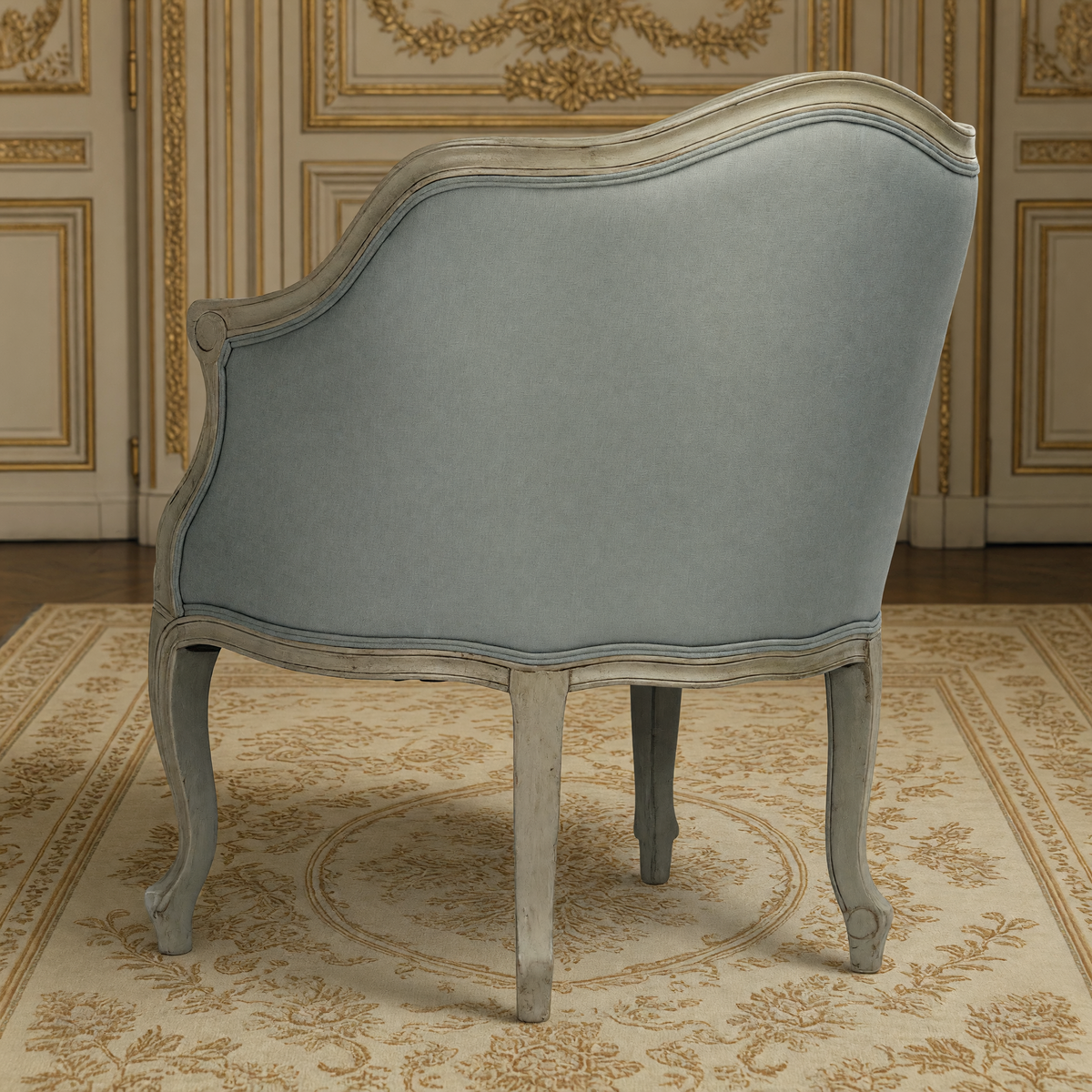 Pierre French Carved Oak Linen Bergère Chair in Sage Mixed Linen & Cotton, back view showing the curved bergère back