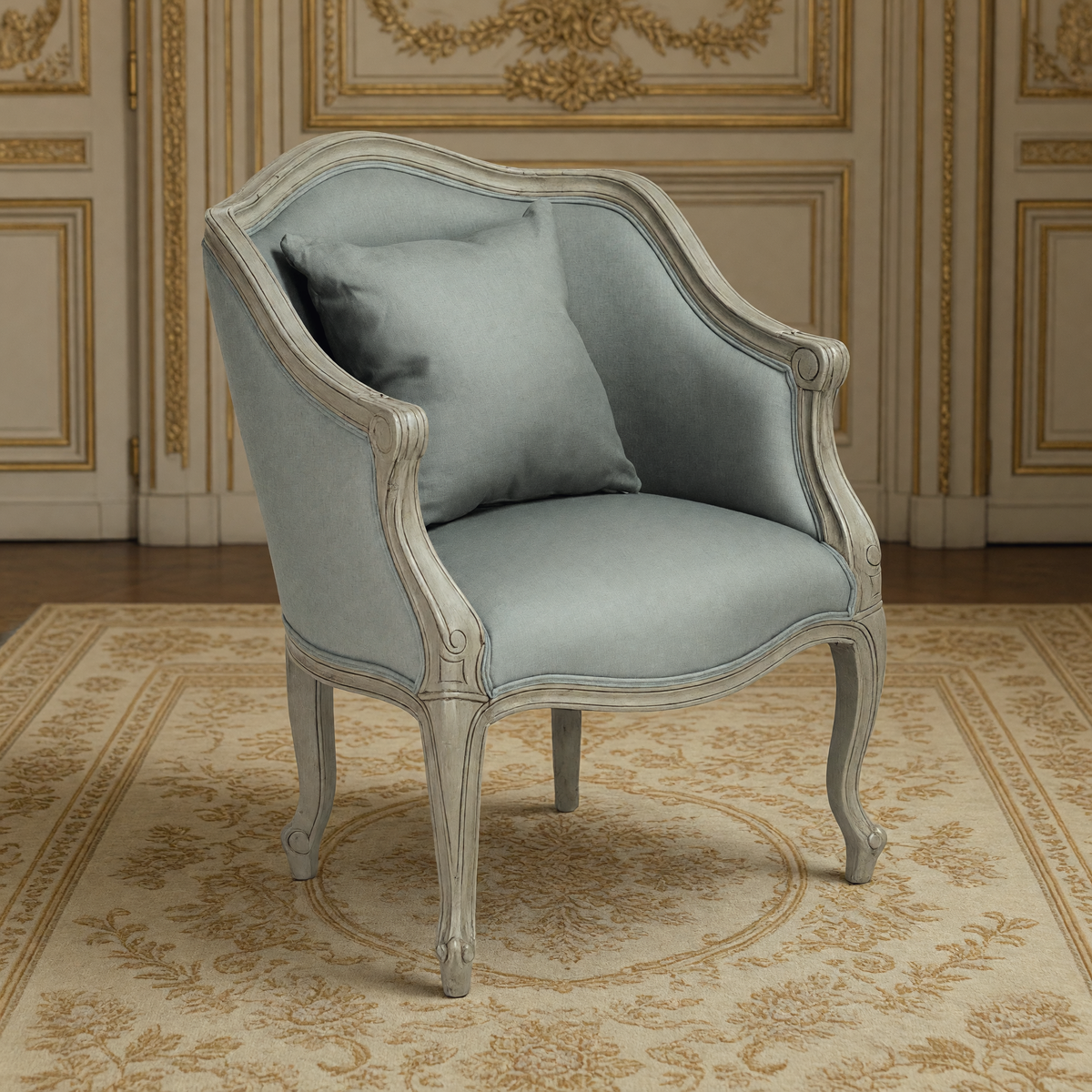 Pierre French Carved Oak Linen Bergère Chair in Sage Mixed Linen & Cotton, in a French salon on an Aubusson carpet