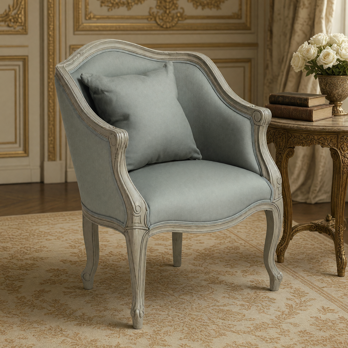 Pierre French Carved Oak Linen Bergère Chair in Sage Mixed Linen & Cotton, close-up of the linen upholstery and carved oak frame