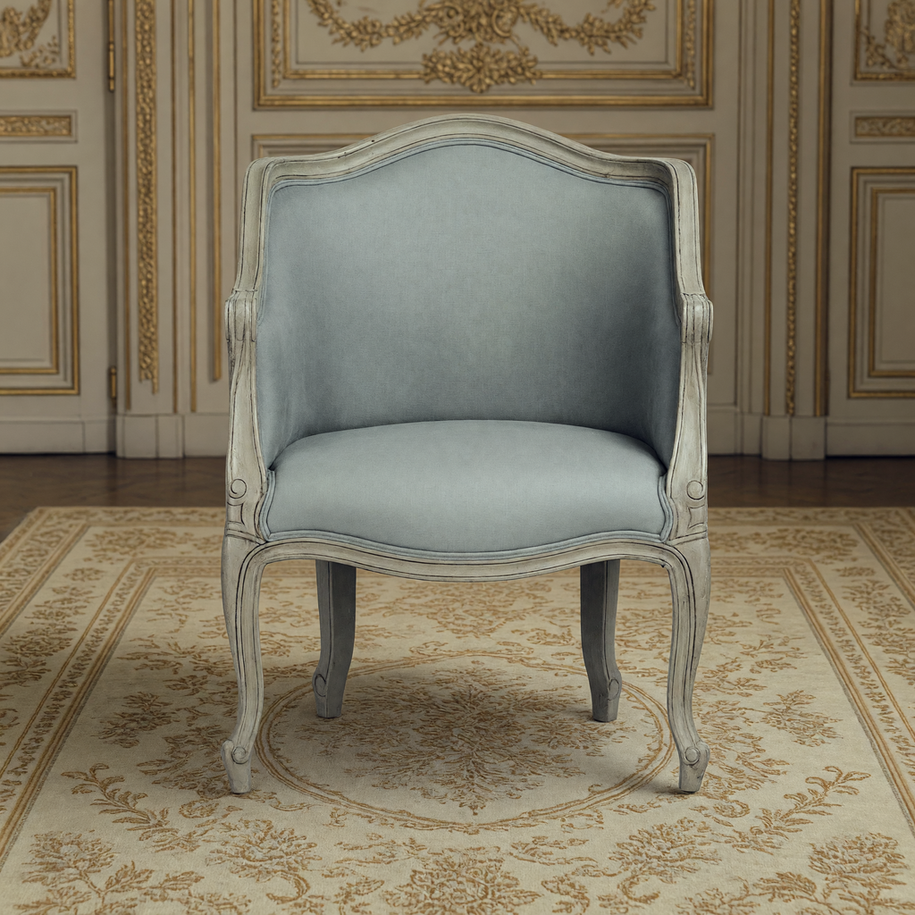 Pierre French Carved Oak Linen Bergère Chair in Sage Mixed Linen & Cotton, front view in a French salon