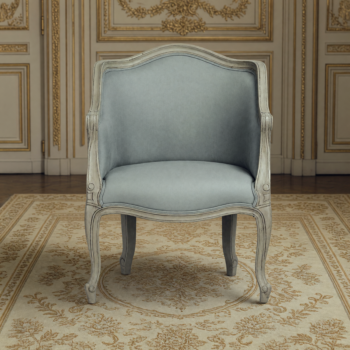 Pierre French Carved Oak Linen Bergère Chair in Sage Mixed Linen & Cotton, front view in a French salon