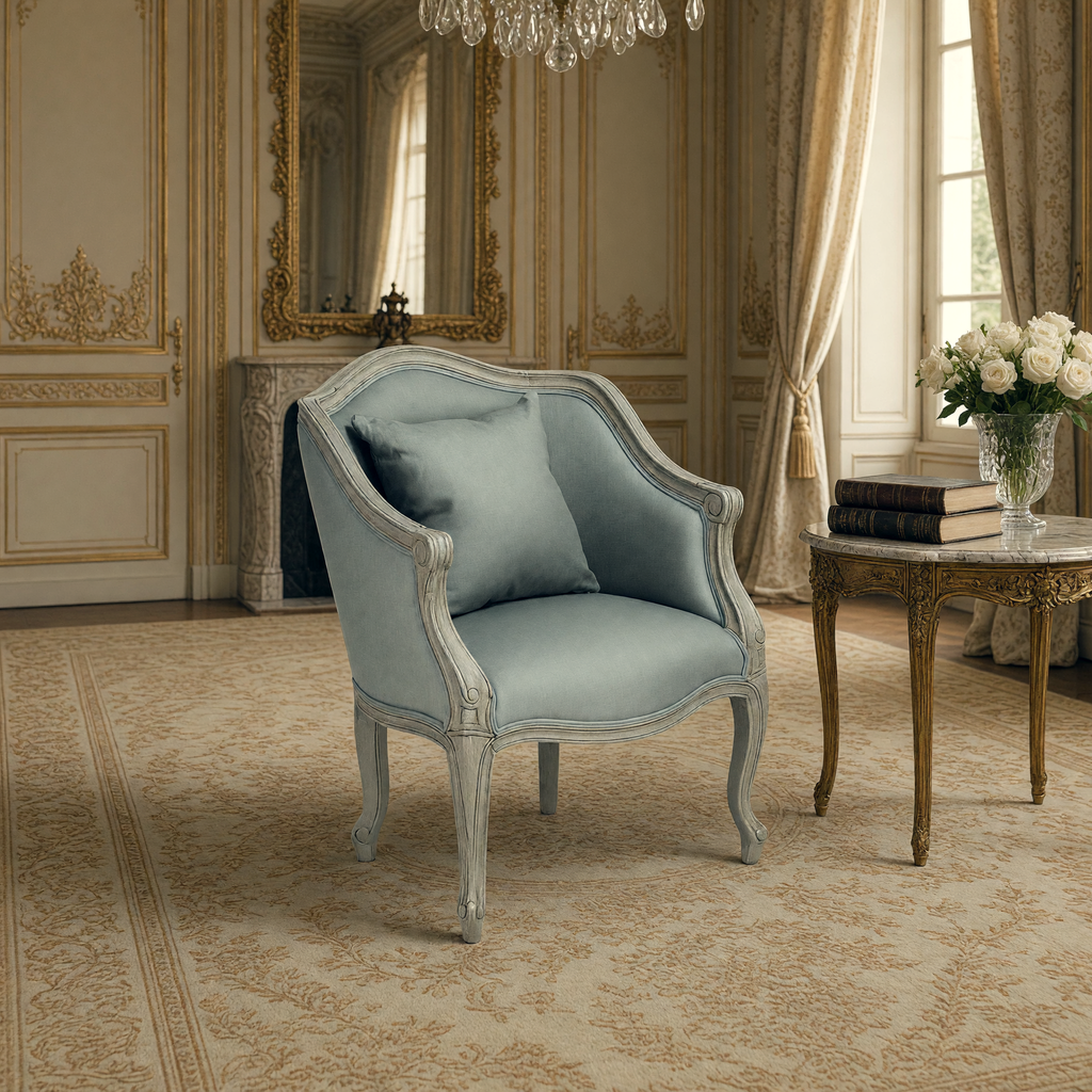 Pierre French Carved Oak Linen Bergère Chair in Sage Mixed Linen & Cotton, styled in a French drawing room beneath a crystal chandelier