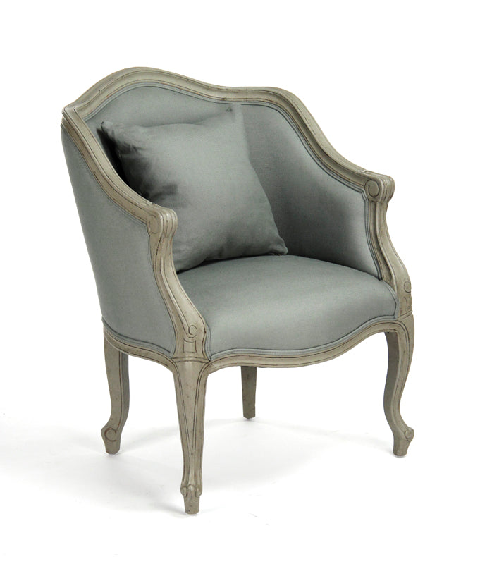Pierre French Carved Oak Linen Bergère Chair in Sage Mixed Linen & Cotton, studio photo 1 of 3 on a white background