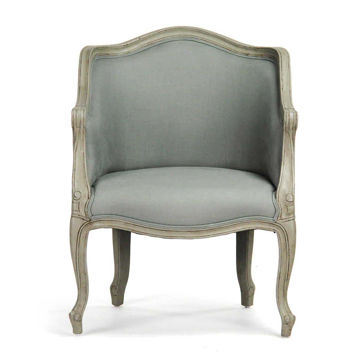 Pierre French Carved Oak Linen Bergère Chair in Sage Mixed Linen & Cotton, studio photo 2 of 3 on a white background