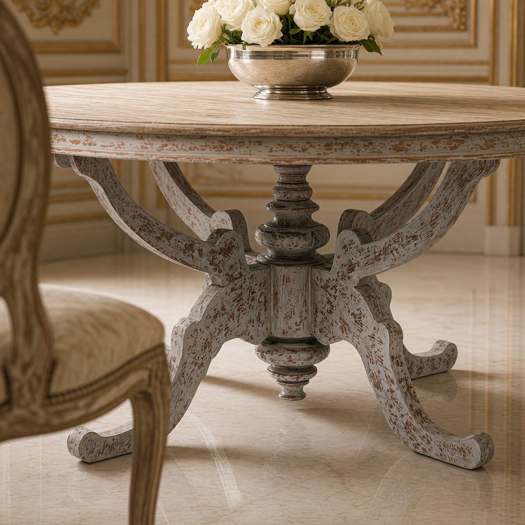 Close view of the carved scroll supports and turned pedestal of the Provence Dining Table