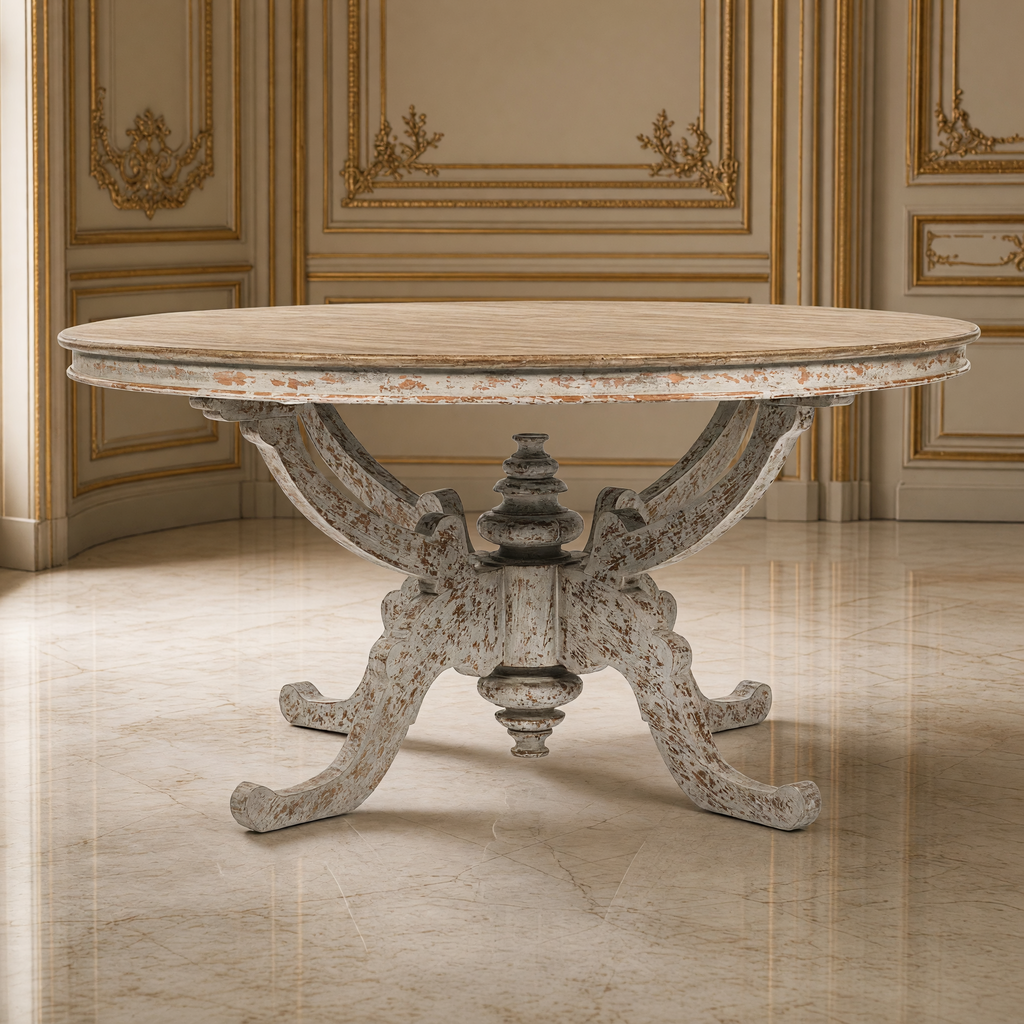 Front view of the Provence Dining Table showing the four carved scroll supports and central finial