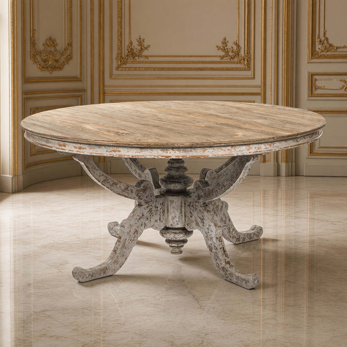 Provence Dining Table in natural elm with a distressed grey-blue carved scroll base in an ivory and gold French boiserie dining room