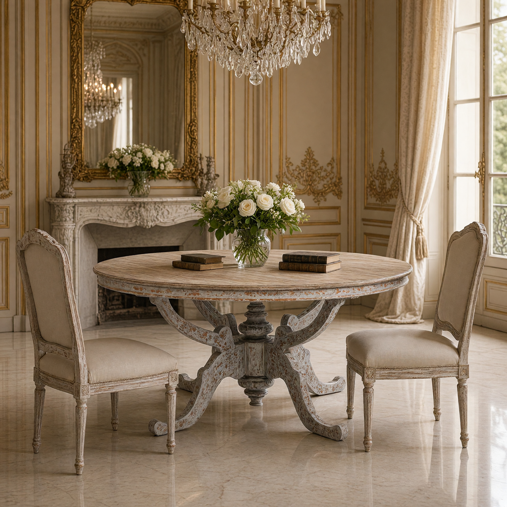 Provence Dining Table styled in a Louis XVI dining room with linen chairs, a marble fireplace and an unlit crystal chandelier