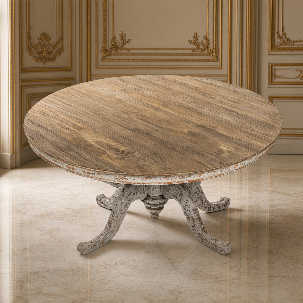 High view of the Provence Dining Table showing the full round natural elm top