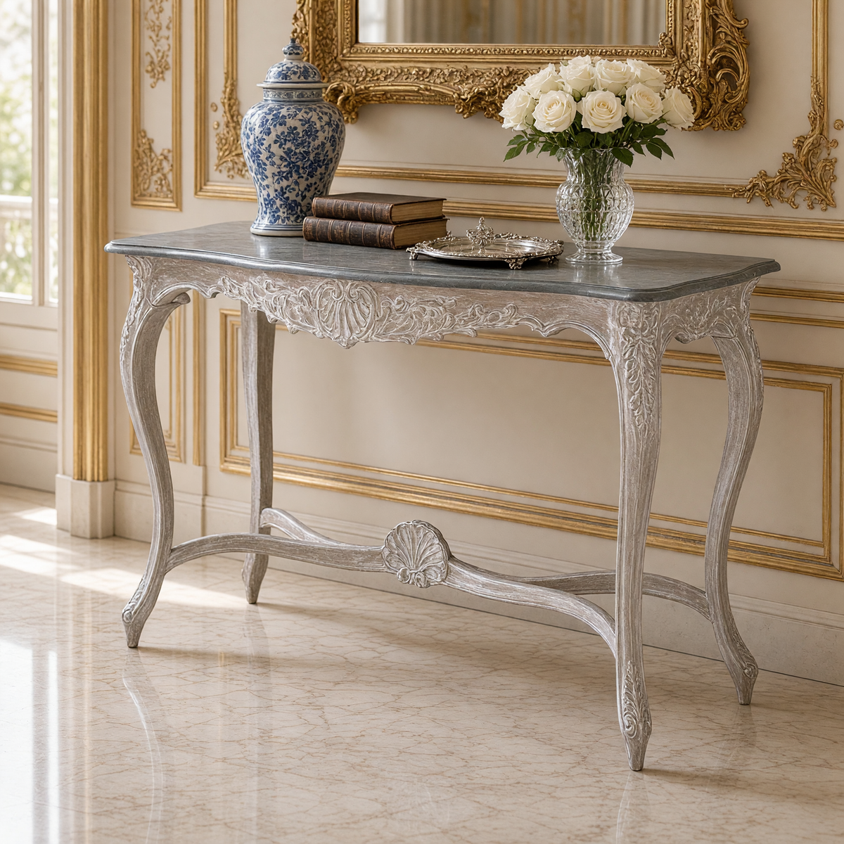 Reuben console table with a ginger jar, books and white roses