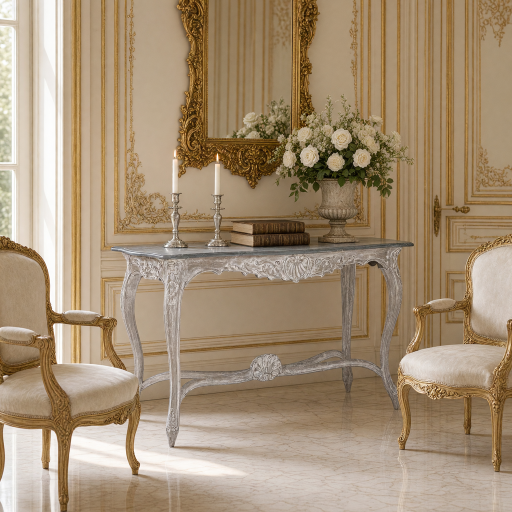 Reuben console table styled with a gilded mirror, candlesticks and white roses in an entrance hall