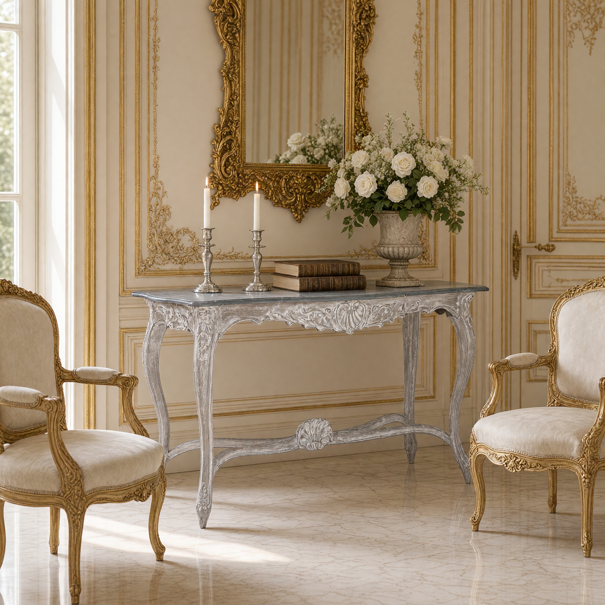 Reuben console table styled with a gilded mirror, candlesticks and white roses in an entrance hall