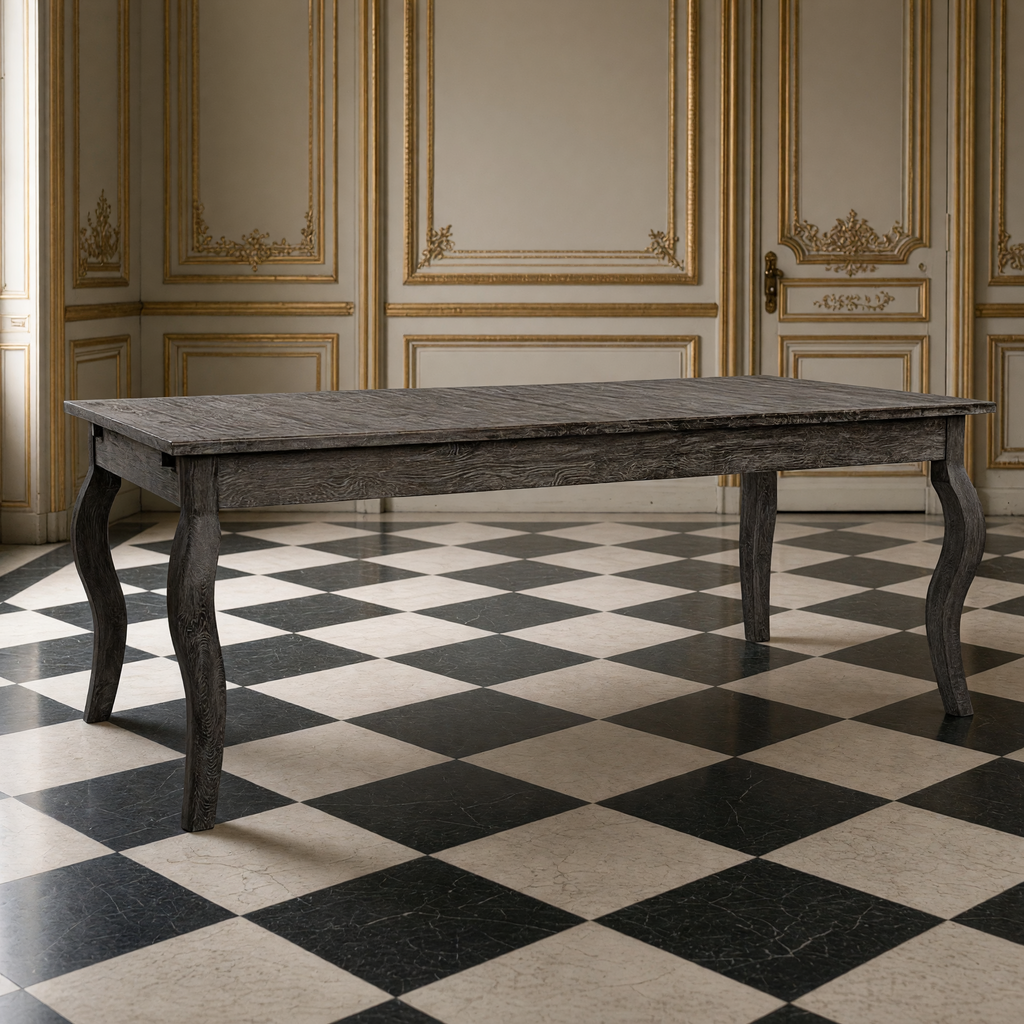 Rhone Oak Dining Table in Limed Charcoal Oak with cabriole legs in an ivory and gold French boiserie dining room