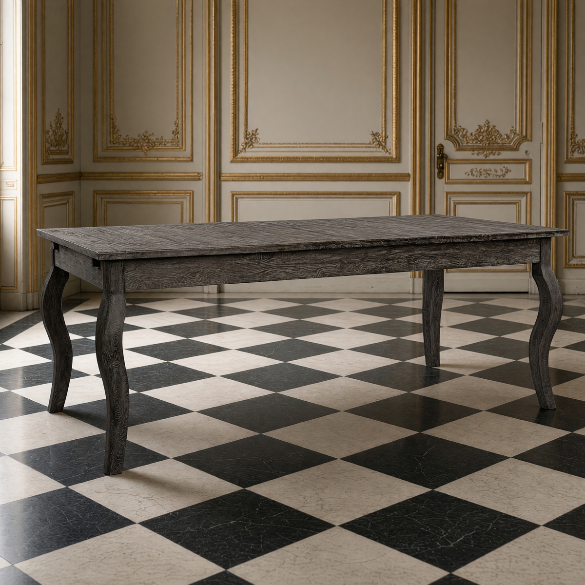 Rhone Oak Dining Table in Limed Charcoal Oak with cabriole legs in an ivory and gold French boiserie dining room