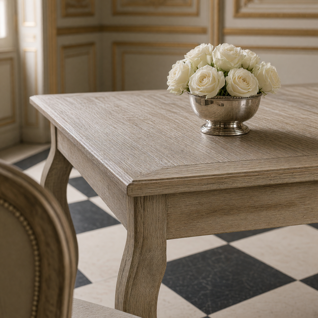 Close view of the cabriole leg, apron and limed grain of the Rhone Oak Dining Table in Limed Grey Oak