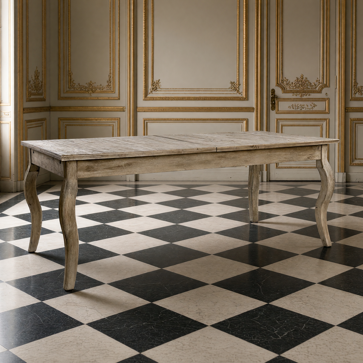 Rhone Oak Dining Table in Limed Grey Oak fully extended to 99 inches with the butterfly leaf in place