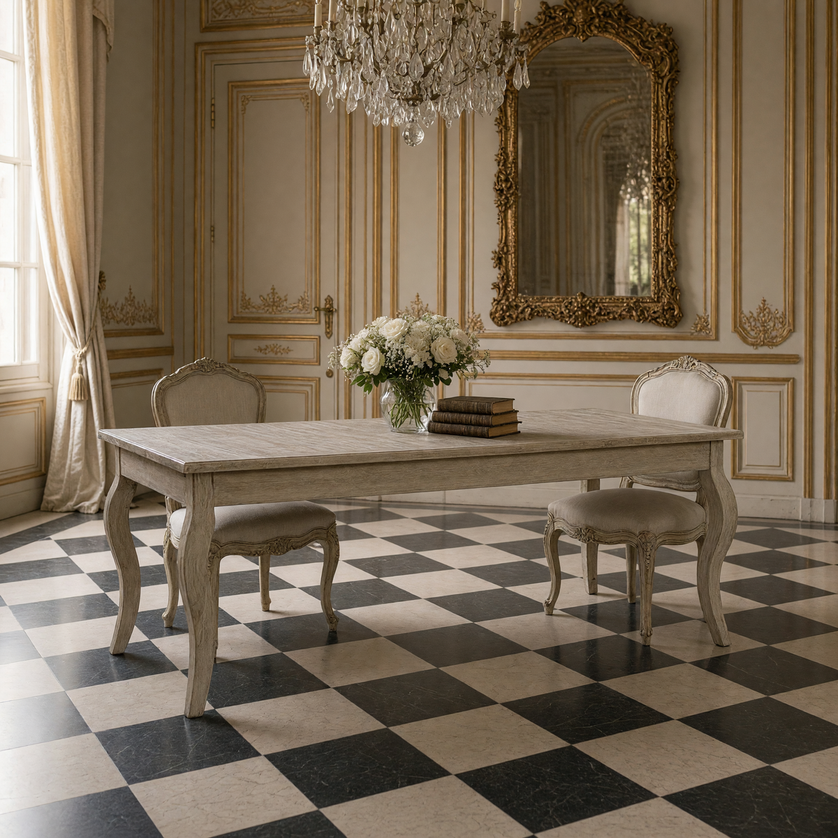 Rhone Oak Dining Table in Limed Grey Oak styled in a Louis XVI dining room with linen chairs, a gilded mirror and an unlit crystal chandelier