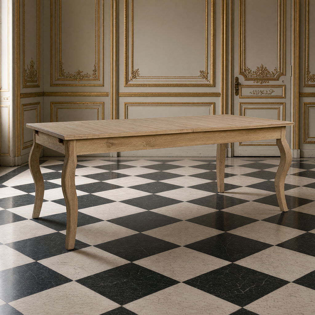 Rhone Oak Dining Table in Natural Oak with cabriole legs in an ivory and gold French boiserie dining room