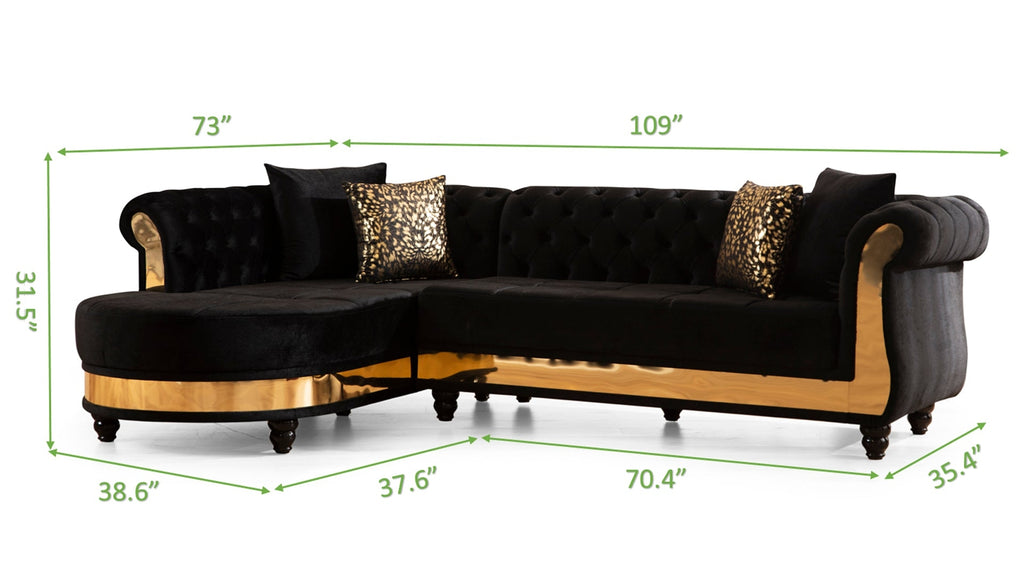 Tufted Velvet L-Shaped Sectional with Gold Trim, 109" in Black, Beige & Taupe