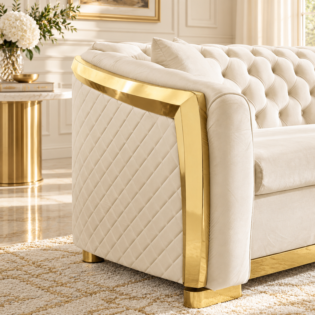Tufted Velvet Chesterfield Sofa with Gold Trim, 84" in Black, Beige & Navy Blue