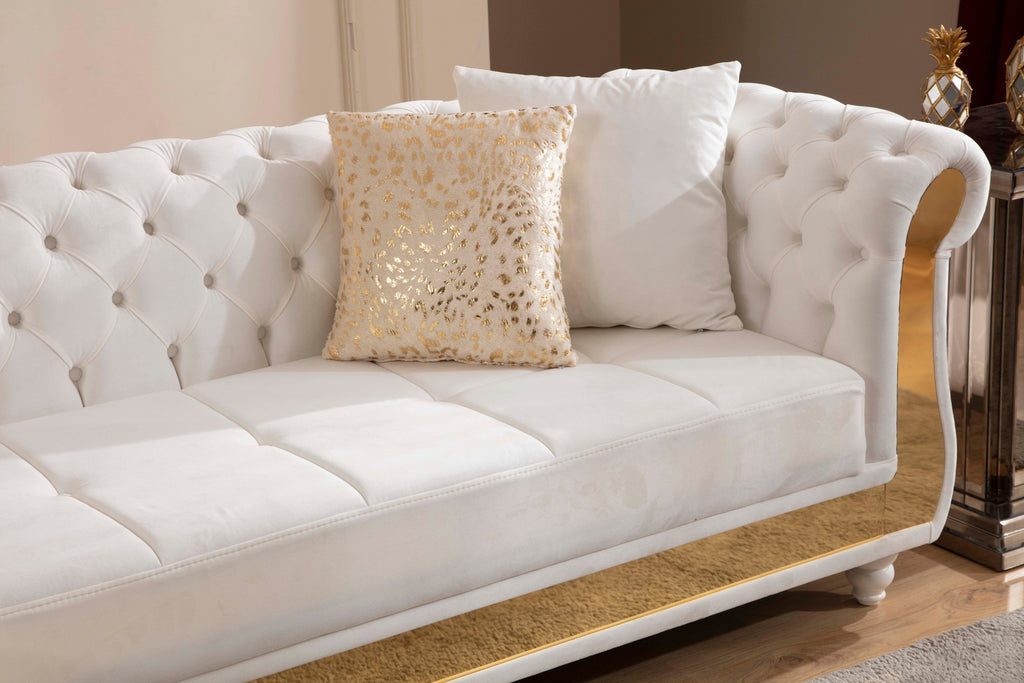 Beige Velvet Tufted Sectional with Gold Accents