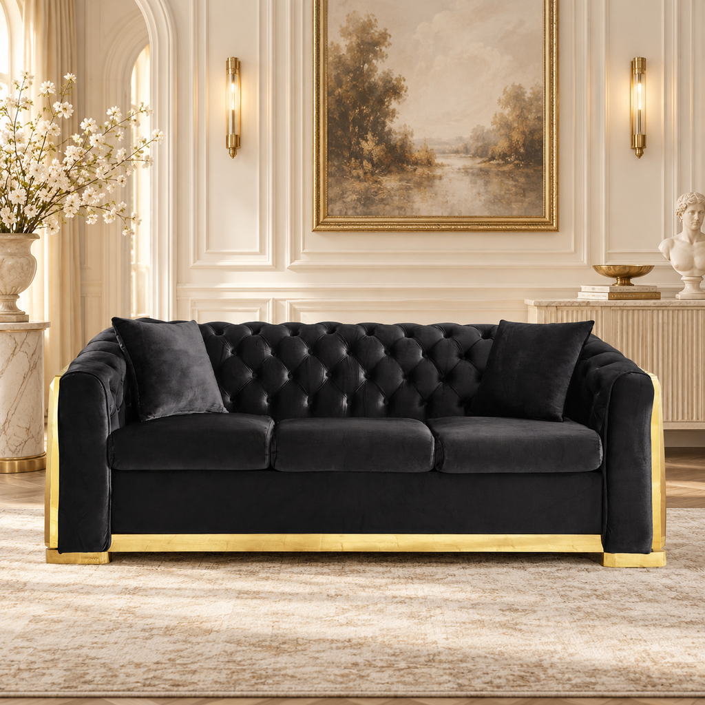 Tufted Velvet Chesterfield Sofa with Gold Trim, 84" in Black, Beige & Navy Blue